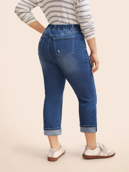 Folded Hem Rip Back Elastic Waist Jeans