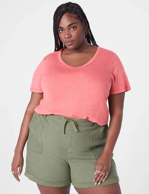 Short-Sleeve Deep V-Neck Linen Tee