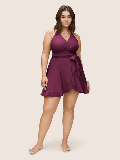 Plain Ties Wrap Flutters Swim Dress