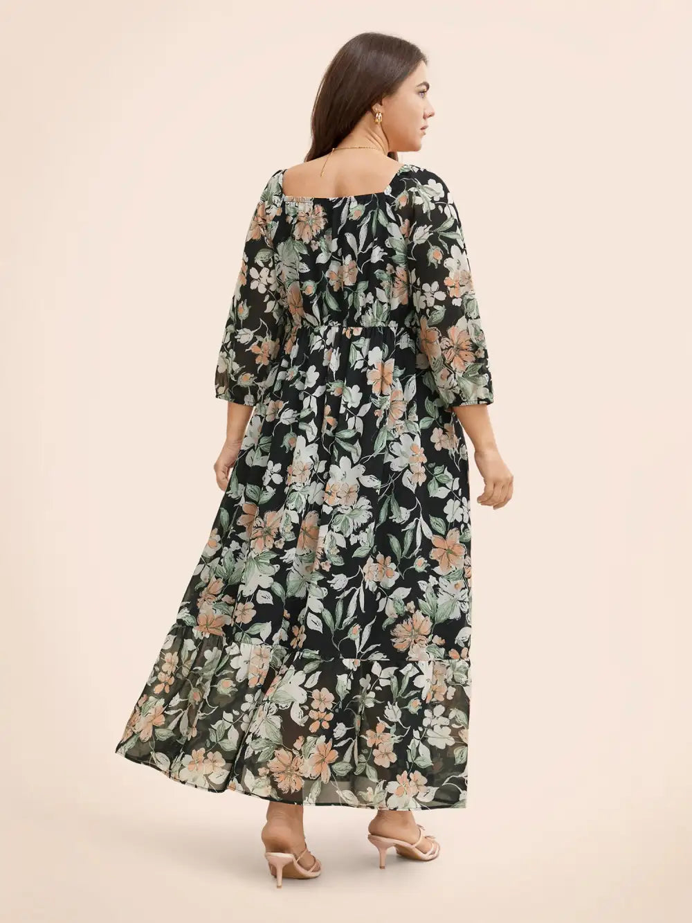 Floral Heart Neckline Woven Ribbon Gathered Dress