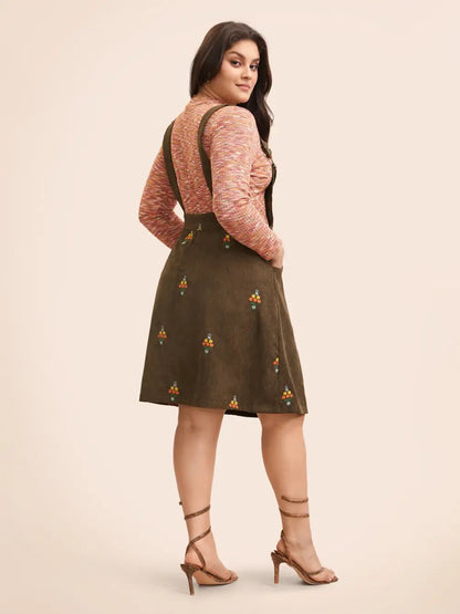 Floral Embroidered Corduroy Overall Dress