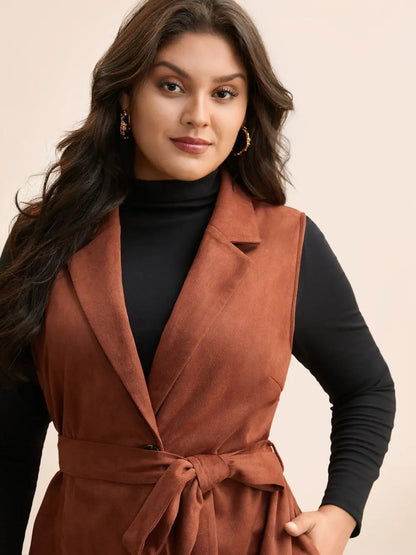 Suit Collar Faux Suede Belted Jacket