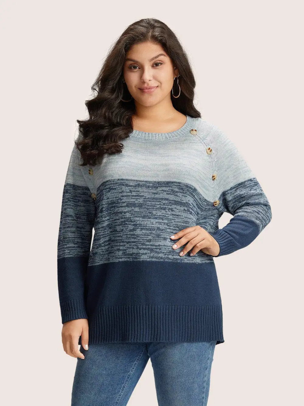 Colorblock Contrast Heather Button Detail Pullover