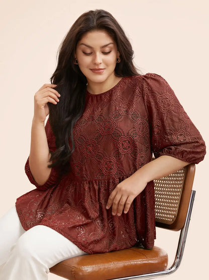 Crew Neck Crochet Lace Lantern Sleeve Blouse
