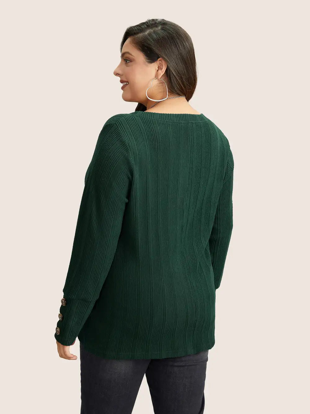 Rib Knit V Neck Button Detail T-Shirt