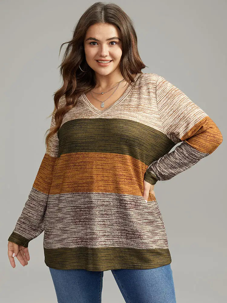 Striped Colorblock Contrast V Neck T-Shirt