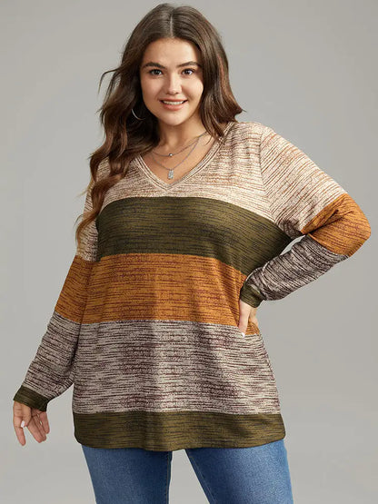 Striped Colorblock Contrast V Neck T-Shirt