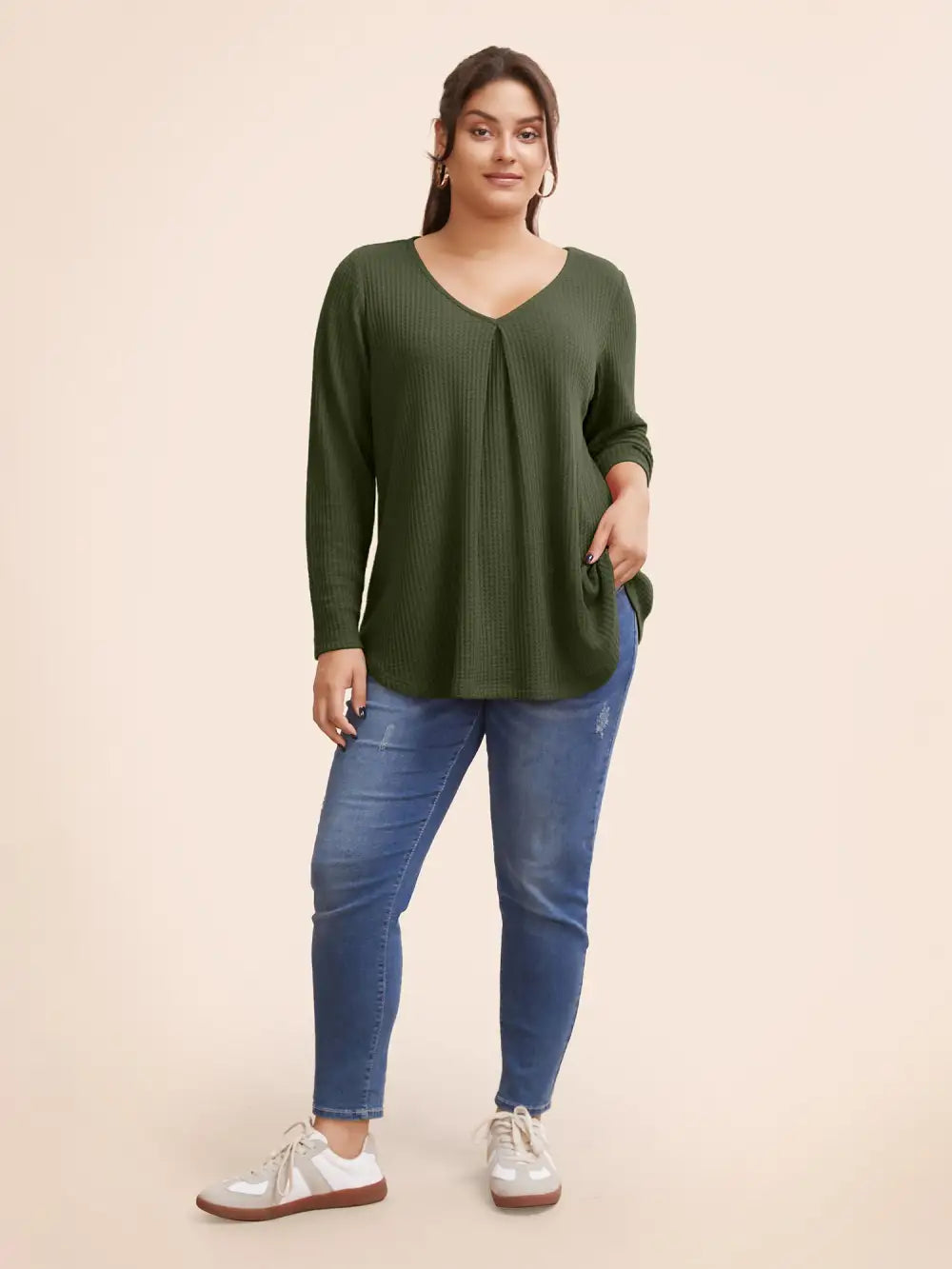 Plain Waffle Knit Scoop Neck Plicated Detail T-Shirt