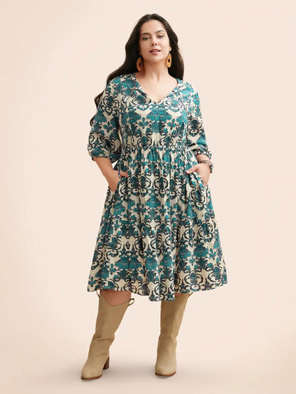 Boho Print Tie Knot Puff Sleeve Dress