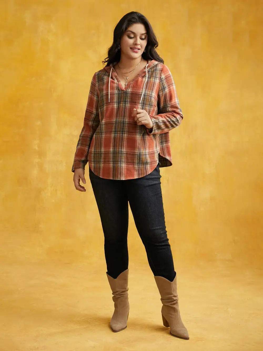 Brushed Fabric Plaid Hooded Sweatshirt