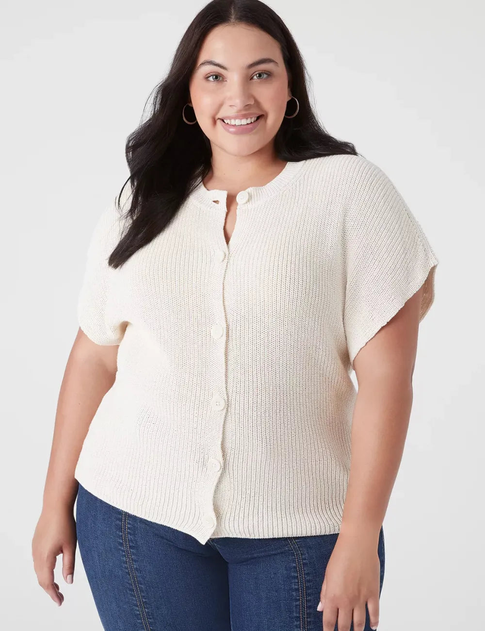 Short-Sleeve Button-Front Rib Cardigan