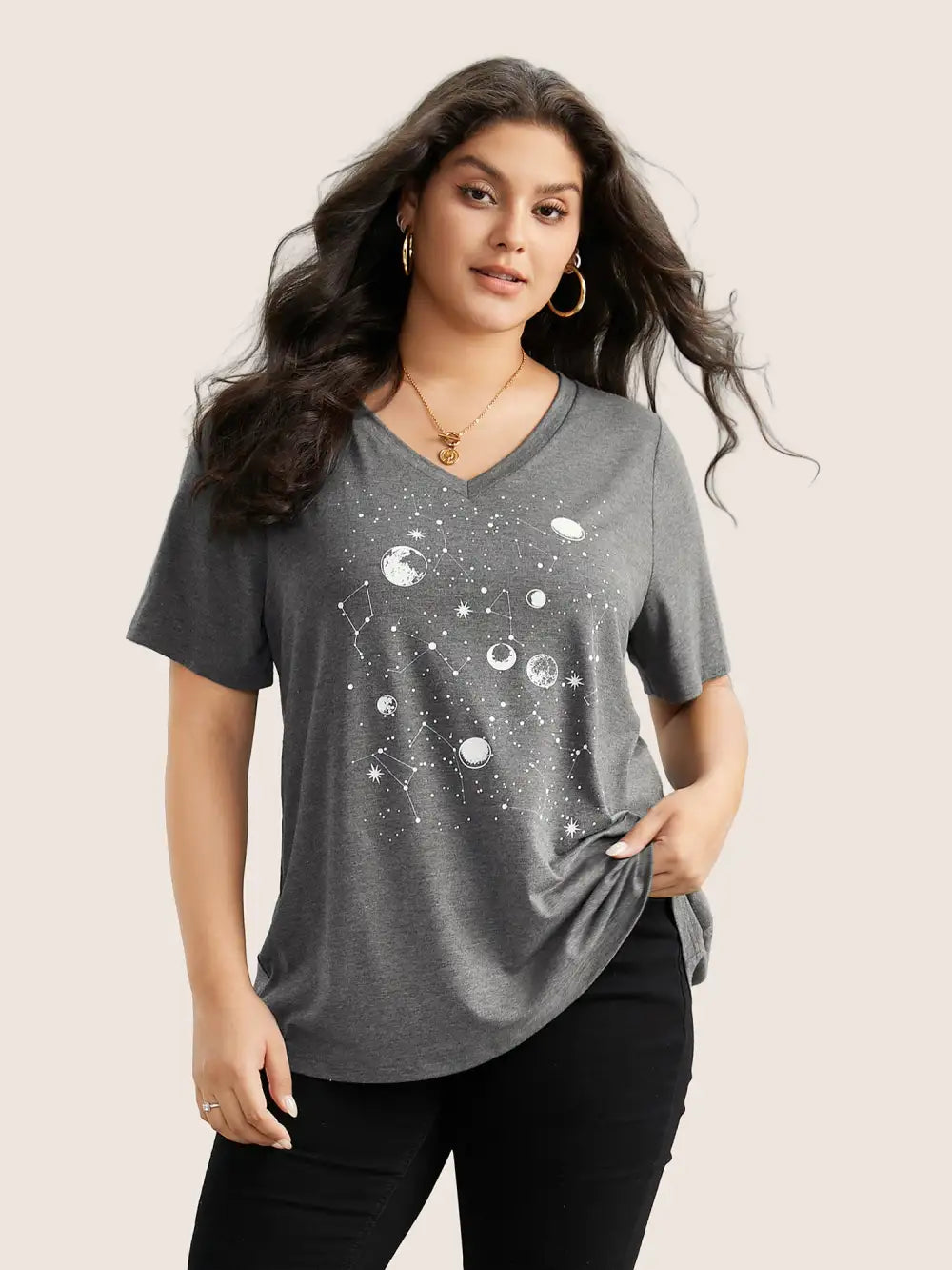 Moon And Star Print V Neck T-Shirt