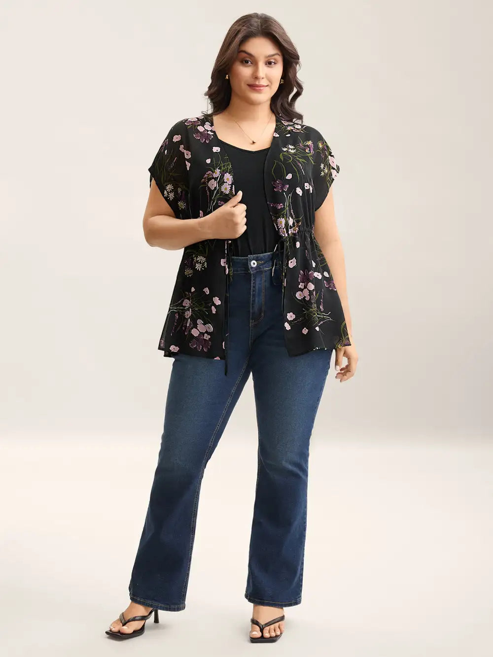 Floral Print Waist-Tie Mini Kimono
