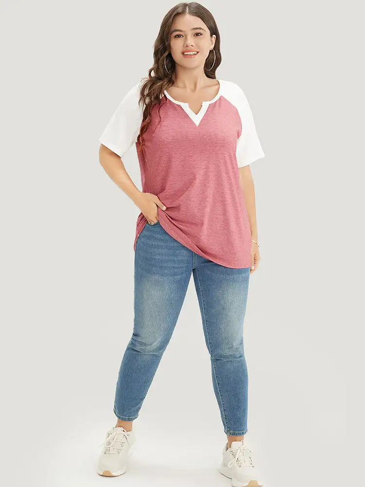 Colorblock Contrast Notched Raglan Sleeve T-shirt