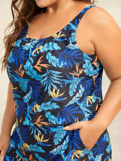Tropical Flower Print Pockets One-Piece Swimsuit