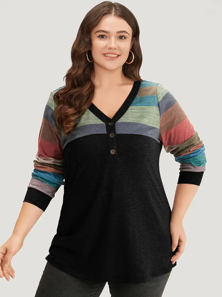 Colorblock Contrast V Neck Button Up T-Shirt