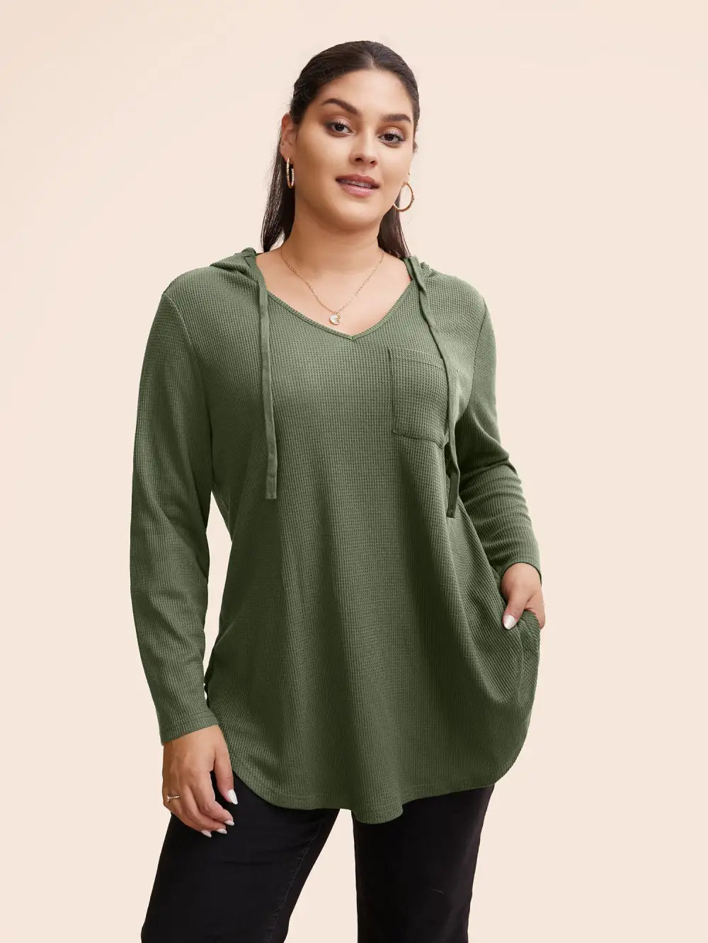 Waffle Knit Pocket Hooded Drawstring Arc Hem T-Shirt