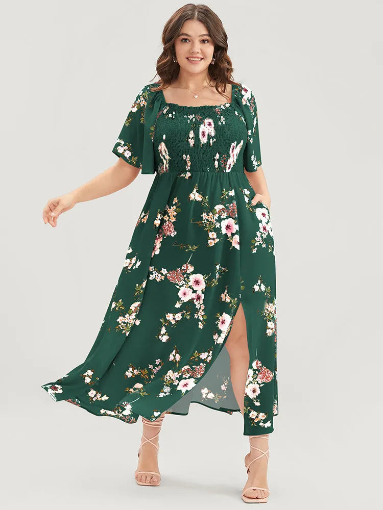 Floral Square Neck Ruffles Pocket Shirred Split Dress