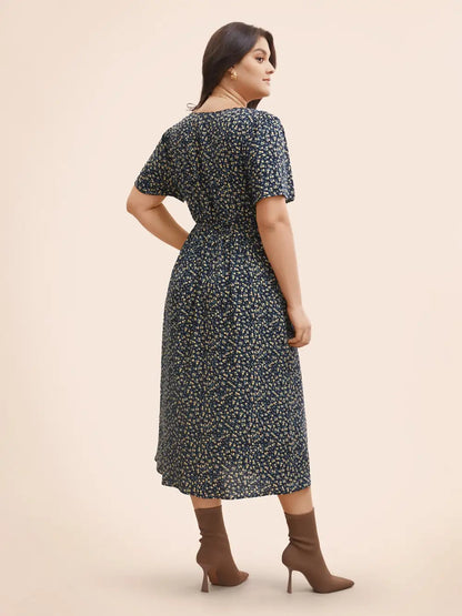 Ditsy Floral Button Detail Elastic Waist Midi Dress