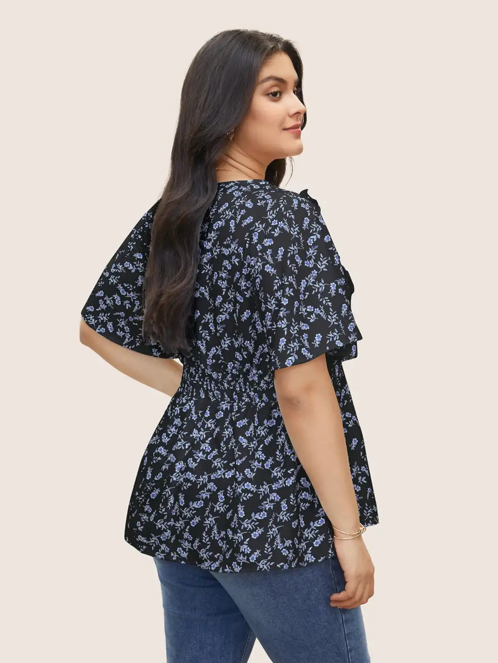 Floral Pleated Elastic Waist Ruffle Sleeve Blouse