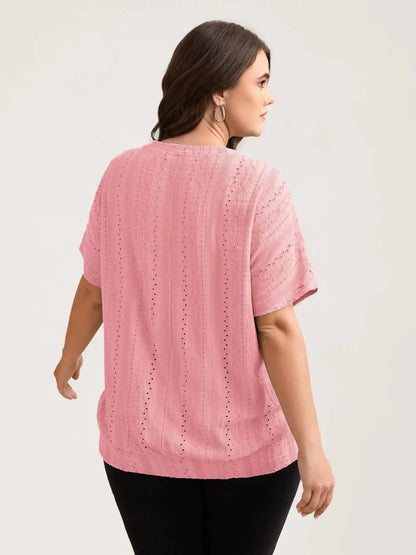 Eyelet Trim Stretchy Textured Plain Top
