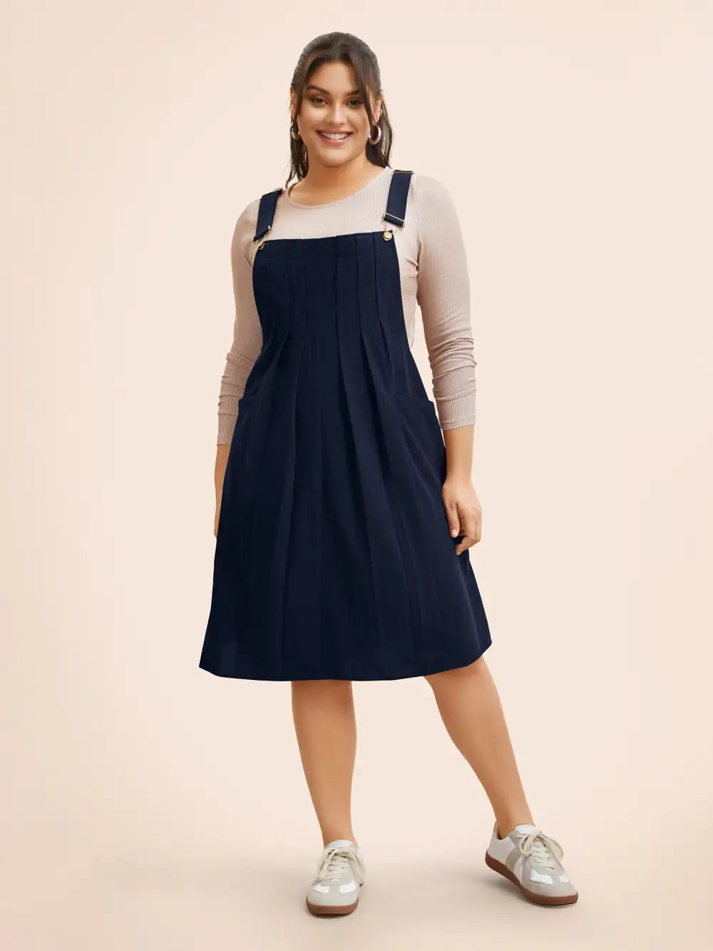 Solid Corduroy Pleated Overall Dress