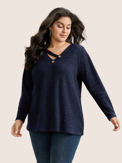 Solid Rib Knit Button Detail T-Shirt