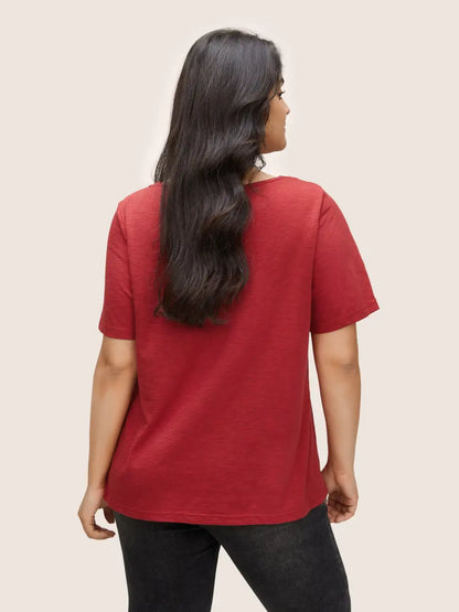Plain V Neck Lace Panel T-Shirt