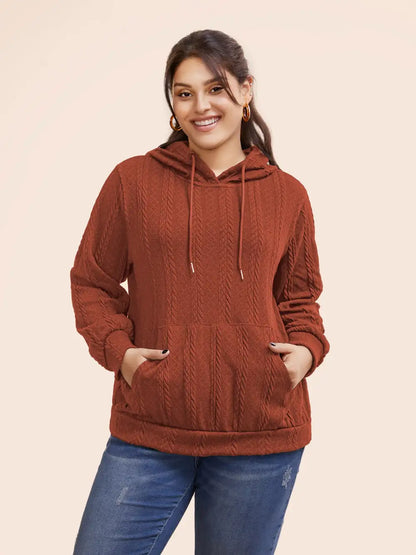 Solid Cable Knit Hooded Drawstring Sweatshirt