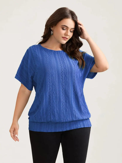Eyelet Trim Stretchy Textured Plain Top
