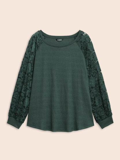 Plain Lace Panel Round Neck Raglan Sleeve T-Shirt