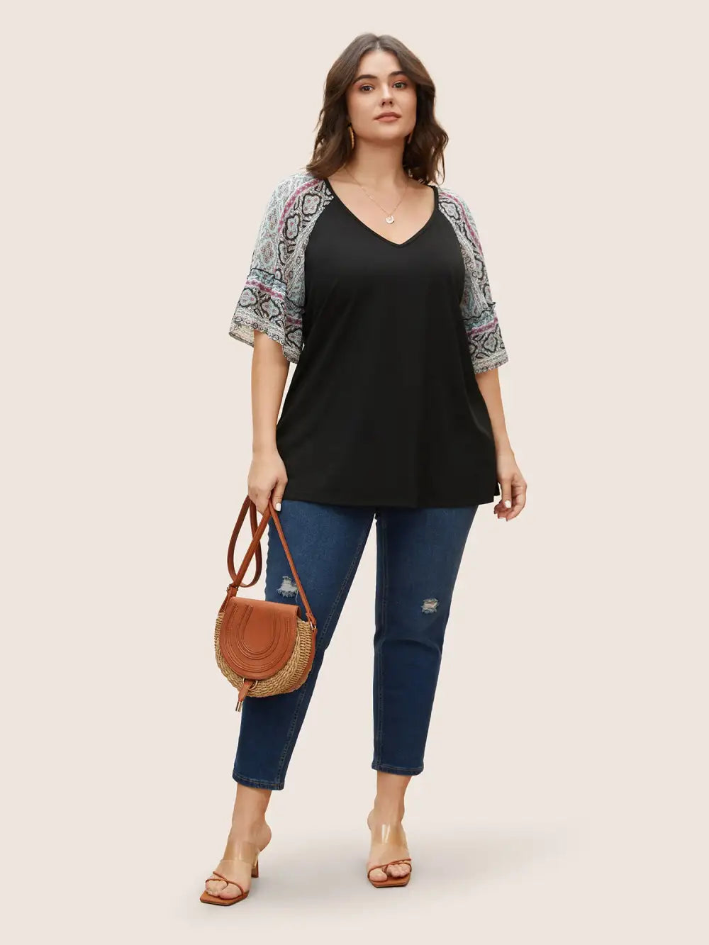 Boho Print Patchwork Raglan Sleeve T-Shirt