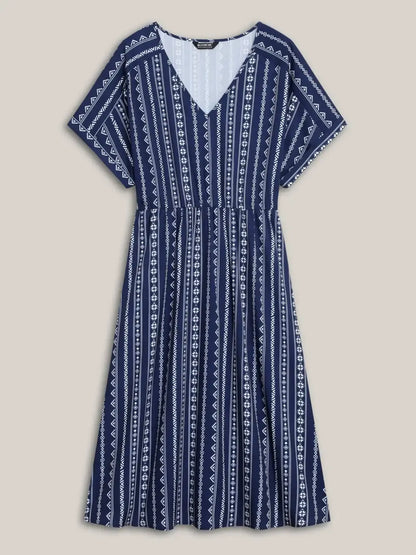 Striped Waist-Cinched Dolman Sleeve Midi Dress