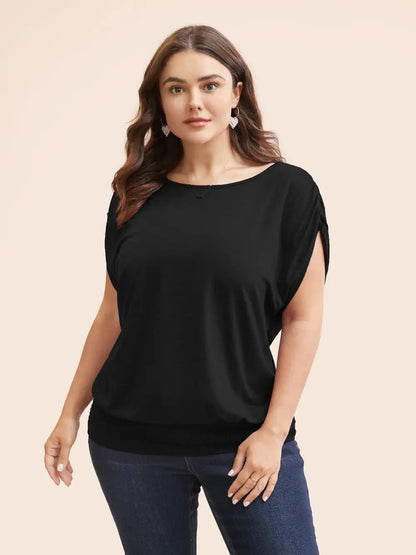 Solid Ruched Batwing Sleeve Shirred Hem T-Shirt