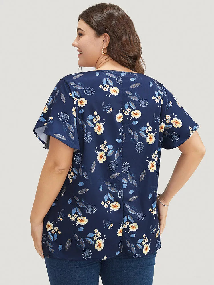 Floral O Ring Zipper Split Petal Sleeve Blouse