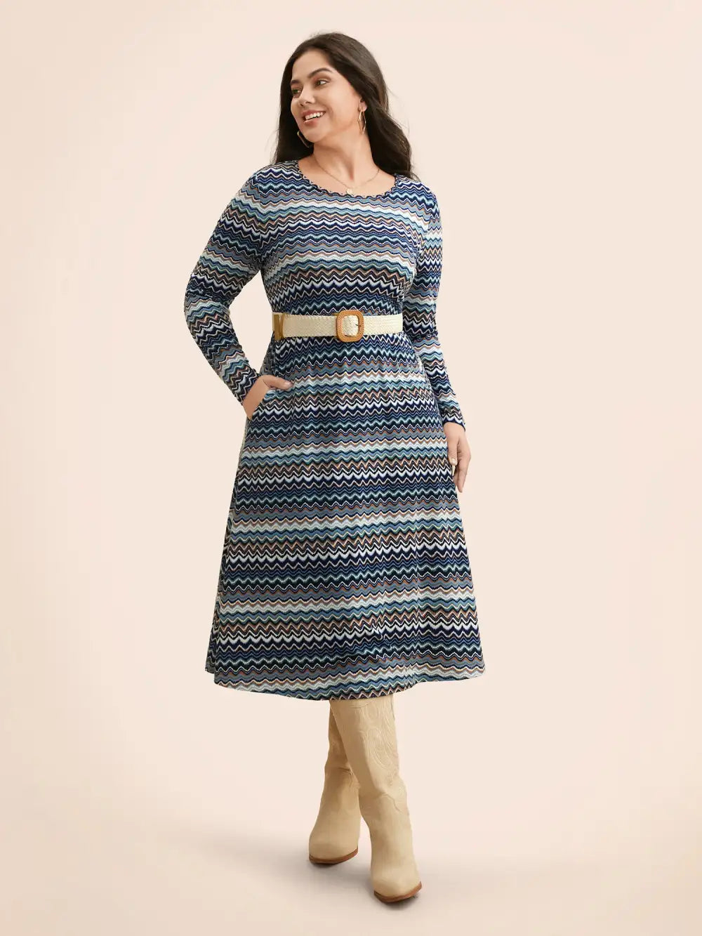 Contrast Striped Crew Neck Midi Knit Dress