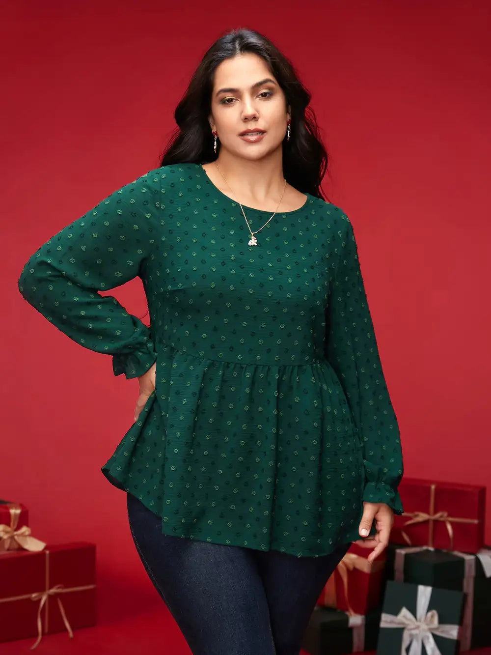 Textured Dot Elastic Cuffs A-Line Blouse