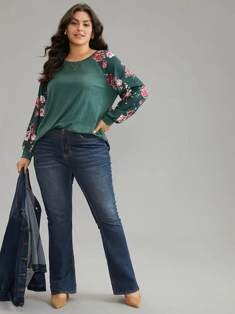Floral Patchwork Crew Neck Raglan Sleeve T-Shirt