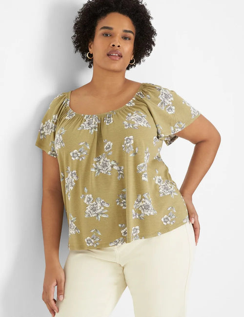 Flutter-Sleeve Square-Neck Knit Top