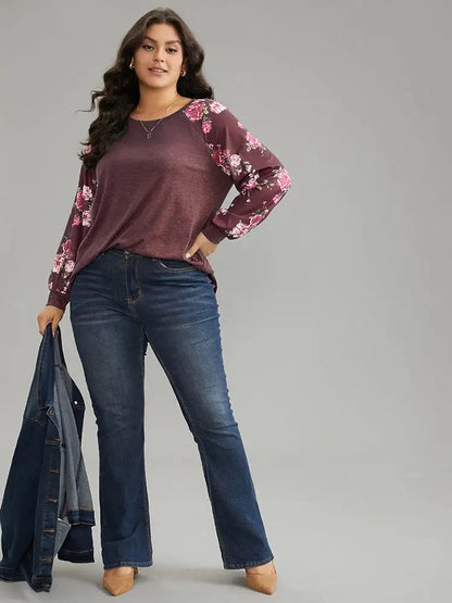Floral Patchwork Crew Neck Raglan Sleeve T-Shirt