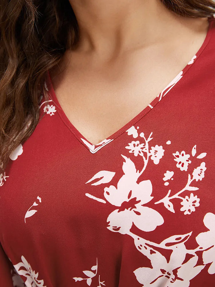 Floral Printed Plicated Detail Flutter Sleeve Blouse