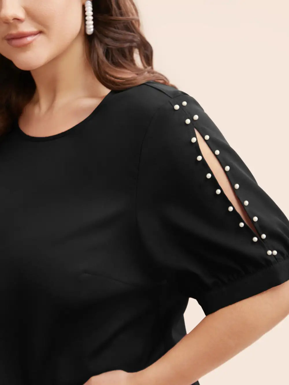 Round Neck Pearl Beaded Cut Out Blouse