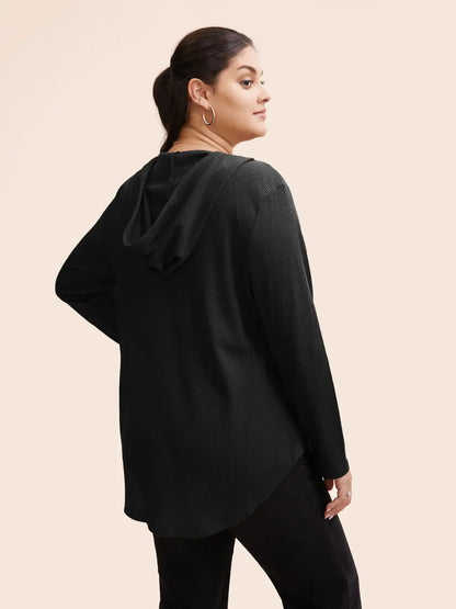 Waffle Knit Pocket Hooded Drawstring Arc Hem T-Shirt