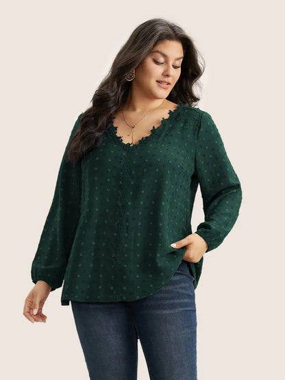 Plisse Eyelet Lace Elastic Cuffs Blouse