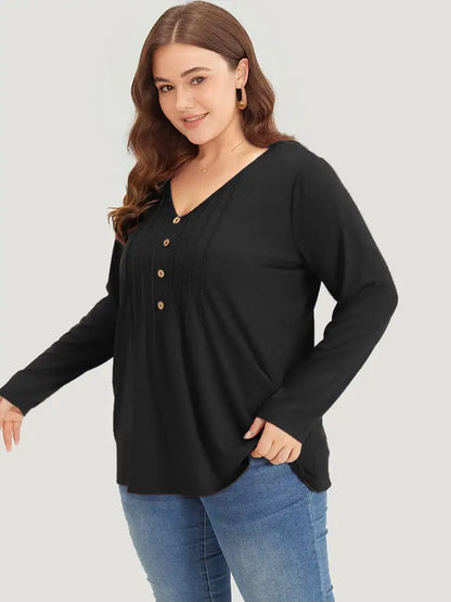Plain V Neck Line Button Detail T-Shirt
