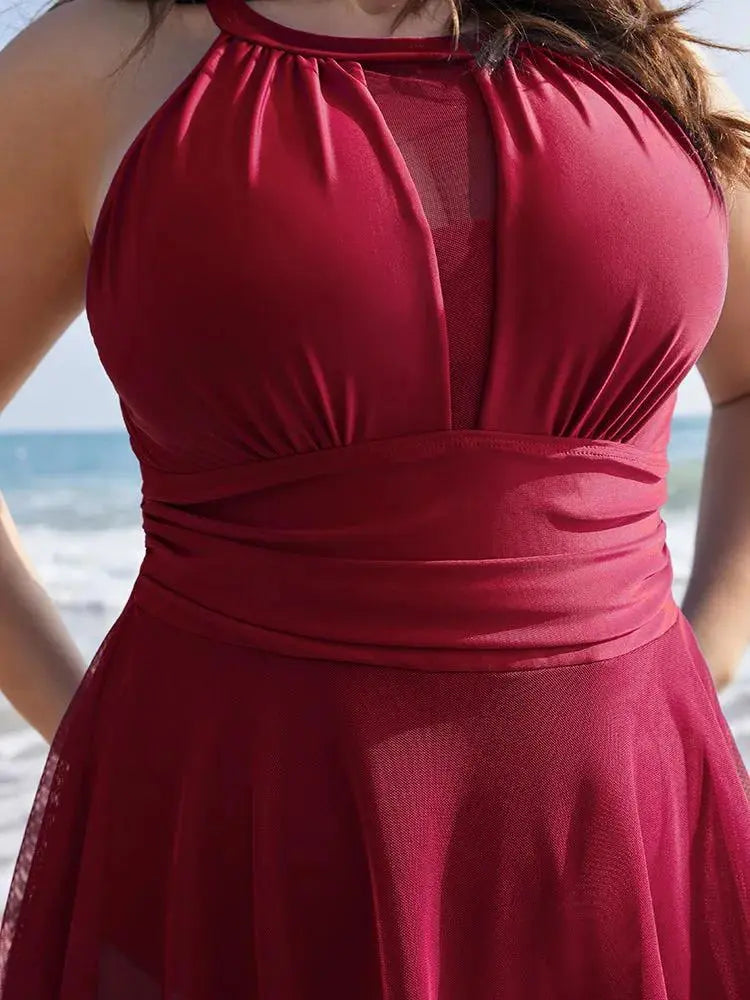 Knotted Back Mesh Insert Halter Swim Dress
