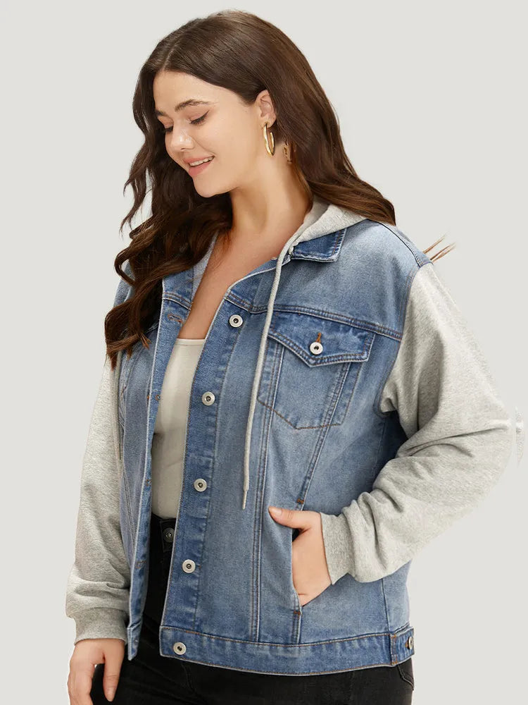 Hooded Patchwork Flap Pocket Denim Jacket