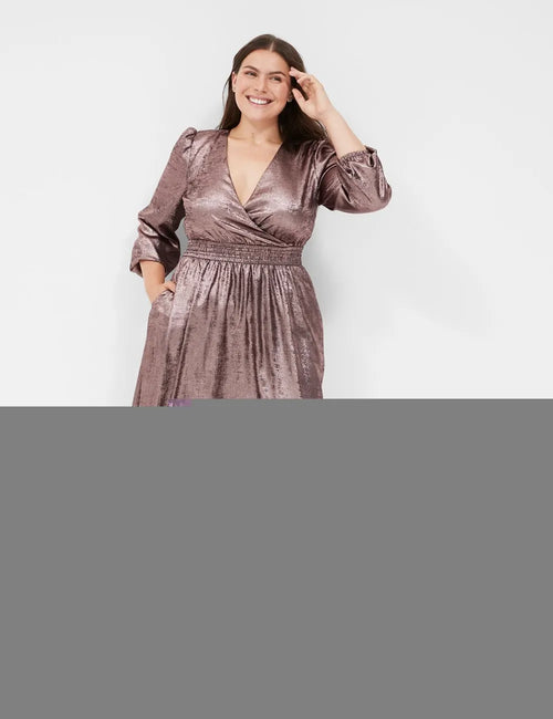 Blouson-Sleeve Surplice Metallic Dress