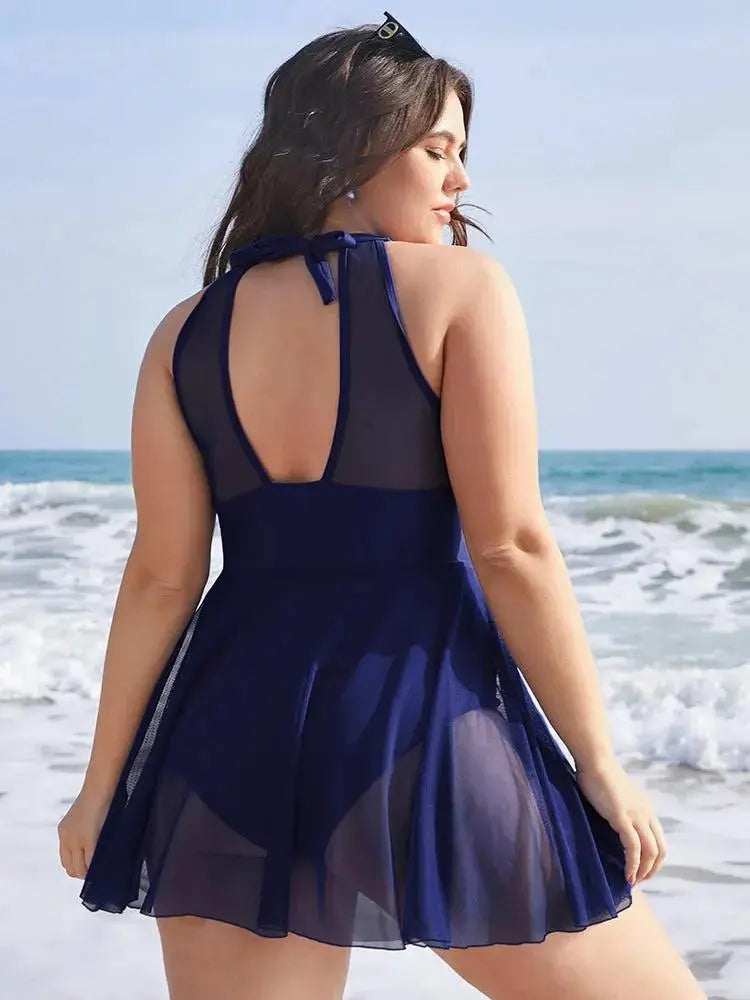 Knotted Back Mesh Insert Halter Swim Dress