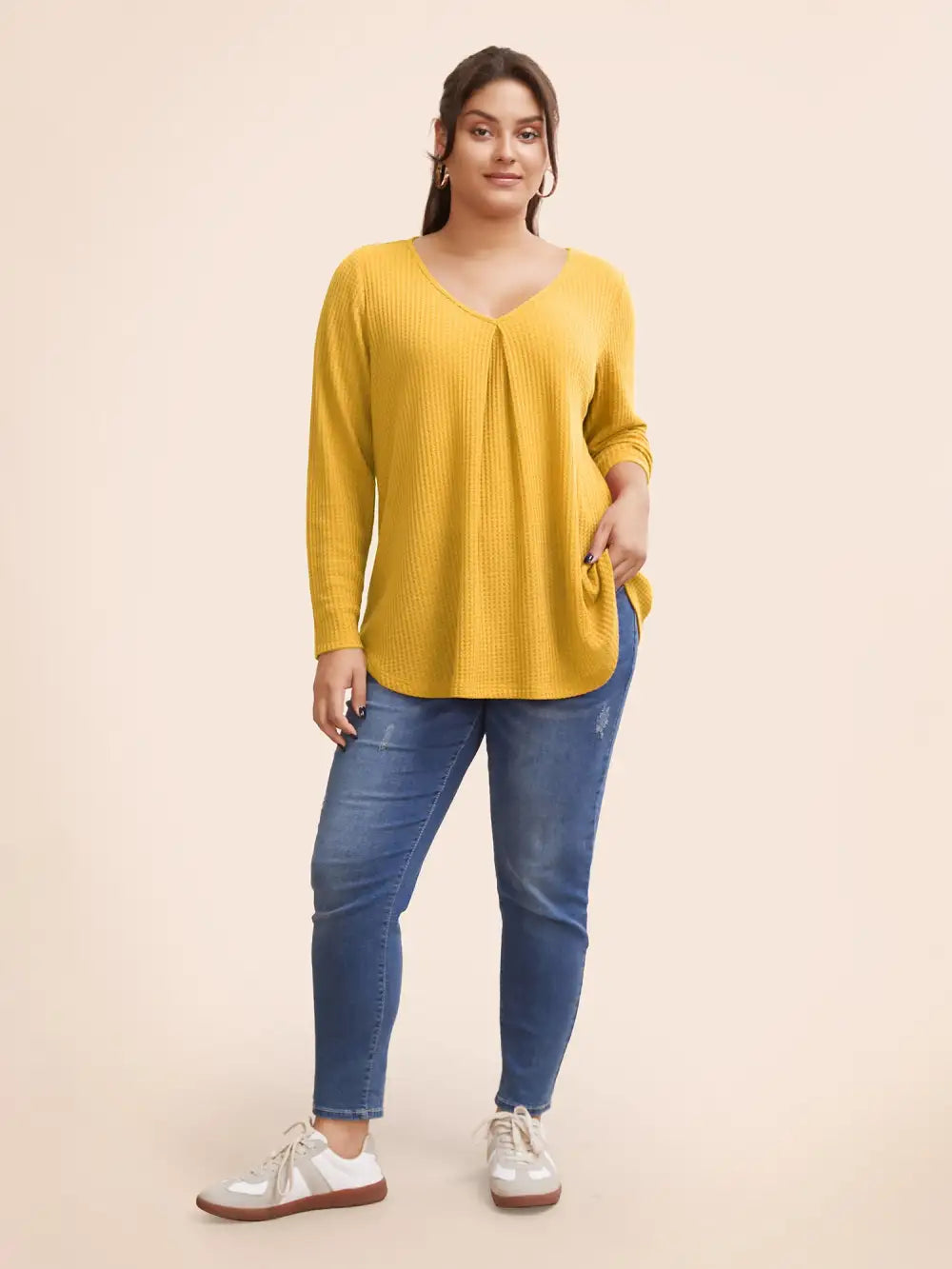 Plain Waffle Knit Scoop Neck Plicated Detail T-Shirt